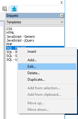 Context menu to edit a snippet