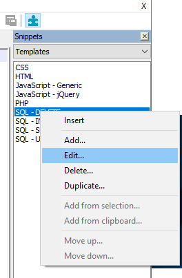 Context menu to edit a snippet